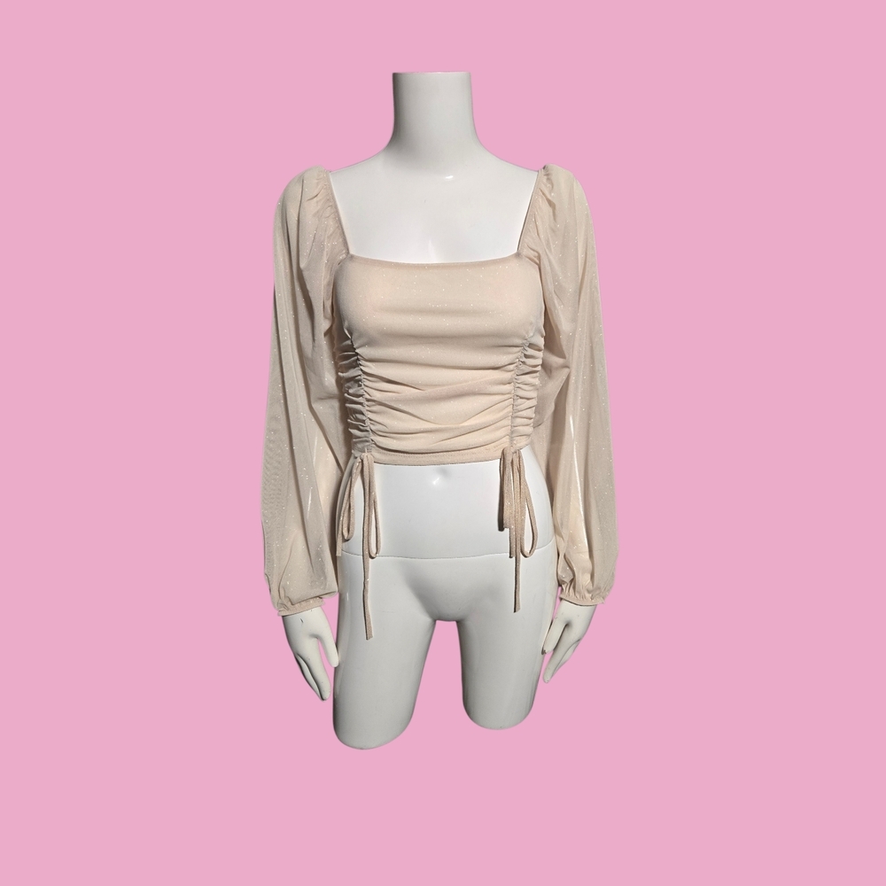 Glittery Ruched Square Neck Long Sleeve Crop Top - Neutral Beige